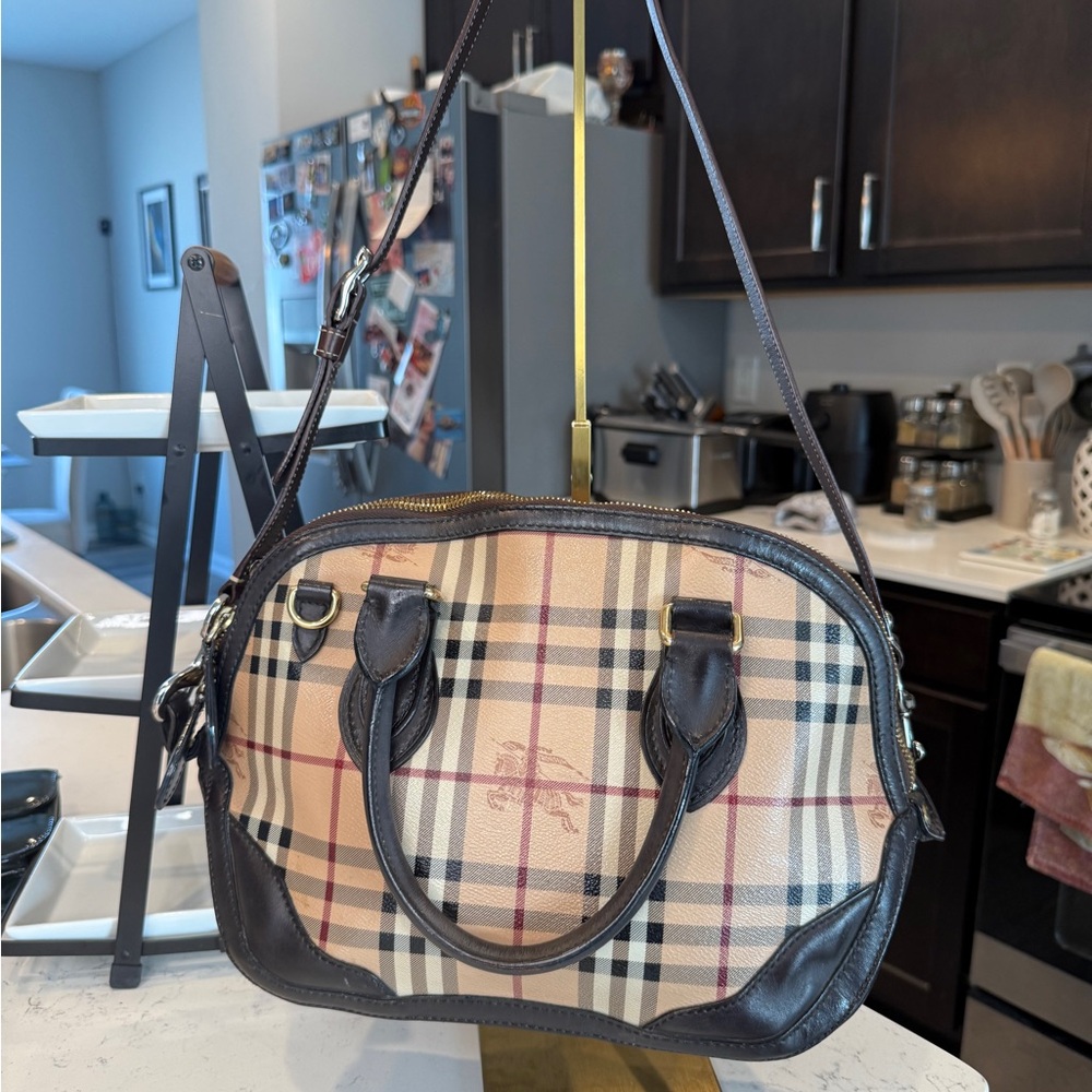 Burberry EUC Classic Check Bowling Bag with Dark Brown Leather Trim Comes w/COA